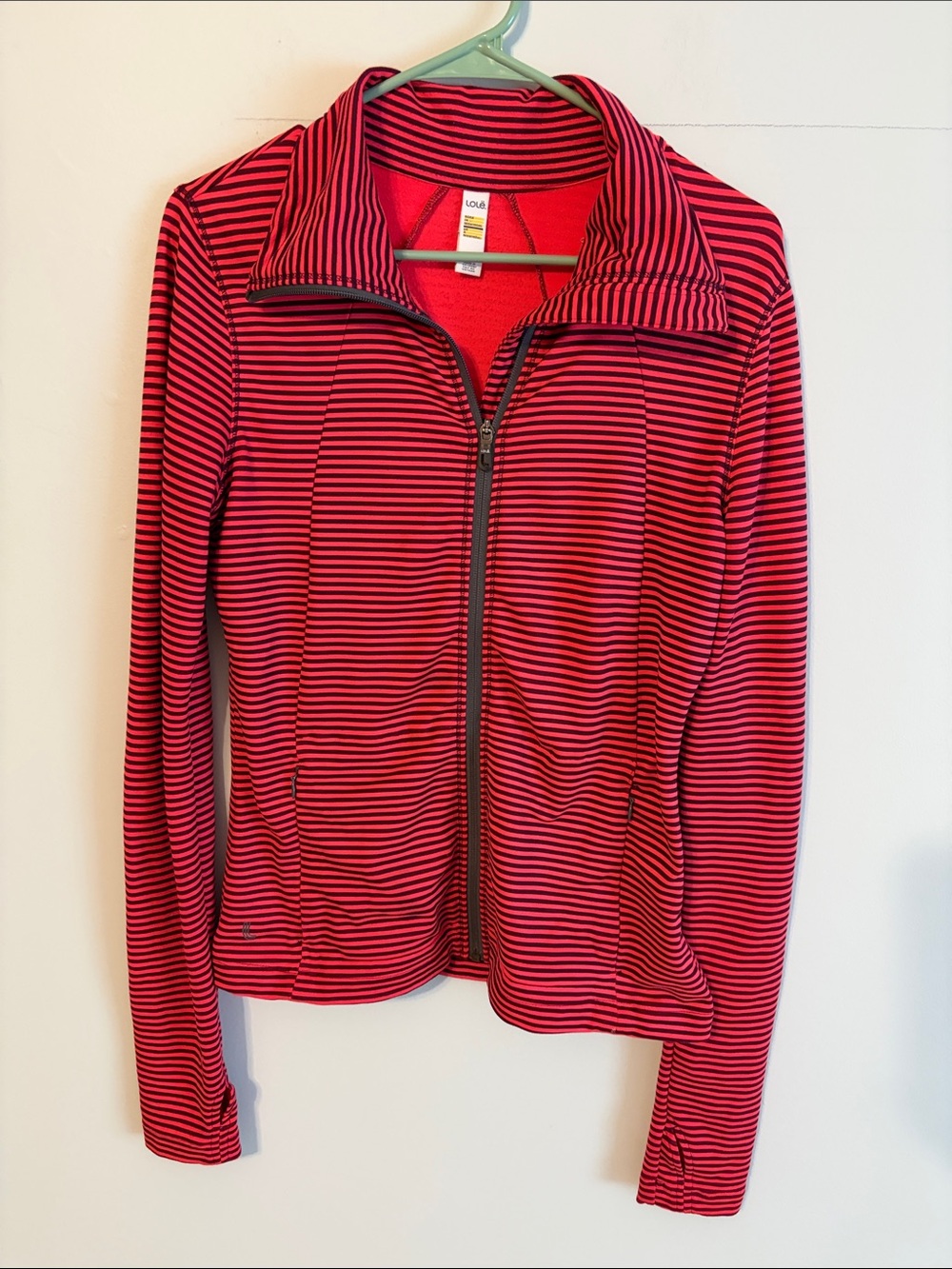 Lole Red/ Black Striped Full-Zip  athletic Jacket. Zip pockets. Med.poly/spandex